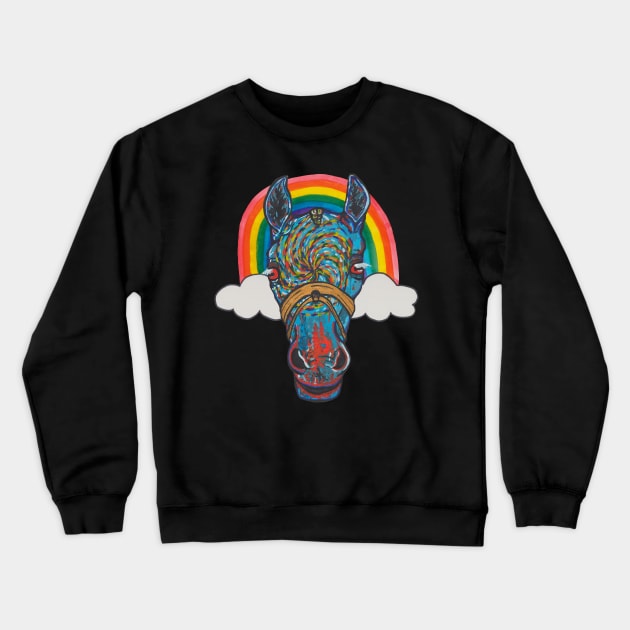 Horse portrait with rainbow and clouds Crewneck Sweatshirt by deadblackpony